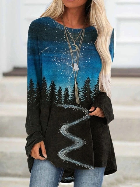 Women&#39;s Mountain Treetop Print Long Sleeve T-shirt Women Fashion SWEATShirts &amp; Tops  Casual Round Neck Loose Cotton Pullover