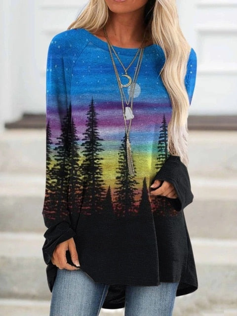 Women&#39;s Mountain Treetop Print Long Sleeve T-shirt Women Fashion SWEATShirts &amp; Tops  Casual Round Neck Loose Cotton Pullover