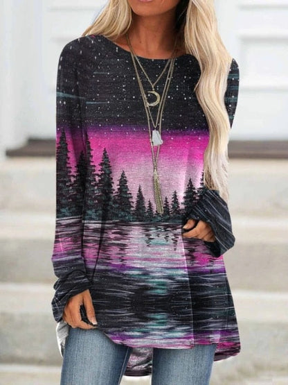 Women&#39;s Mountain Treetop Print Long Sleeve T-shirt Women Fashion SWEATShirts &amp; Tops  Casual Round Neck Loose Cotton Pullover