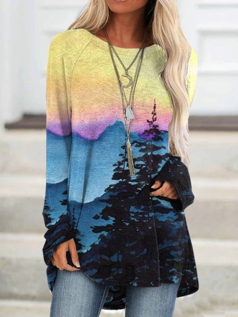 Women&#39;s Mountain Treetop Print Long Sleeve T-shirt Women Fashion SWEATShirts &amp; Tops  Casual Round Neck Loose Cotton Pullover