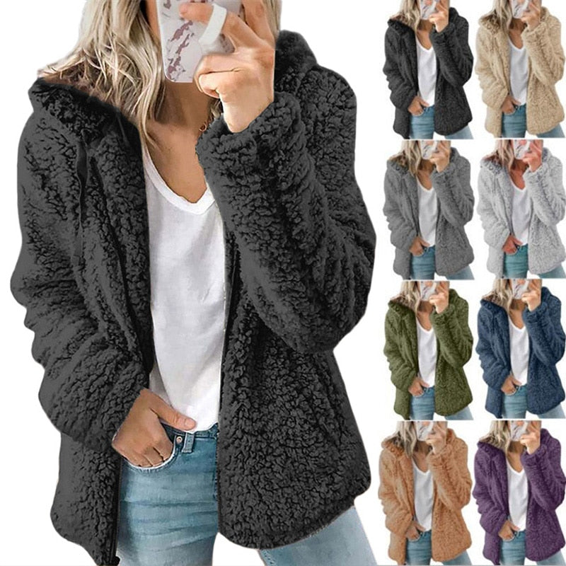 Women Autumn Winter Zipper Plush Fleece Solid Color Hooded Tops Casual Loose Fashion Vintage Cardigan Oversize Sweatshirts Coat