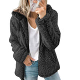 Women Autumn Winter Zipper Plush Fleece Solid Color Hooded Tops Casual Loose Fashion Vintage Cardigan Oversize Sweatshirts Coat