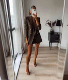 XIKOM Women Two-piece Set Vintage green Office Lady Double Breasted Blazer coat Female Casual Slim High Waist Skirt Suit