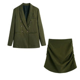 XIKOM Women Two-piece Set Vintage green Office Lady Double Breasted Blazer coat Female Casual Slim High Waist Skirt Suit