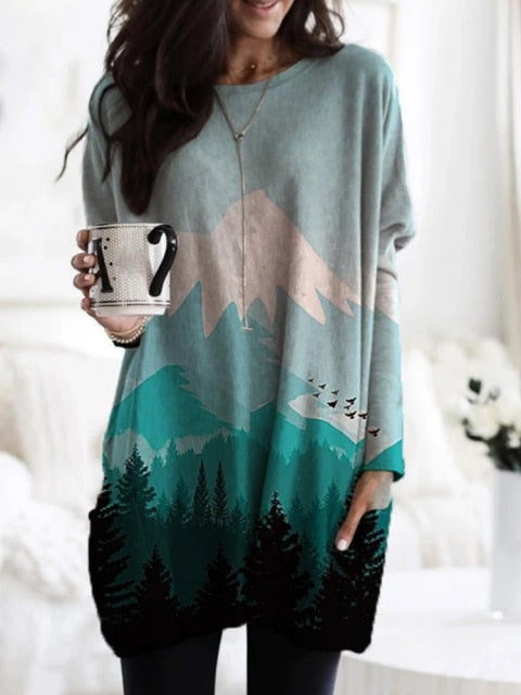 Women&#39;s Mountain Treetop Print Long Sleeve T-shirt Women Fashion SWEATShirts &amp; Tops  Casual Round Neck Loose Cotton Pullover