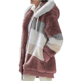 Women Warm Hooded Jacket Winter Zipper Casual Patchwork Loose Coat Fashion Faux Fur Parka Fleece Drawstring Plus Size Coat