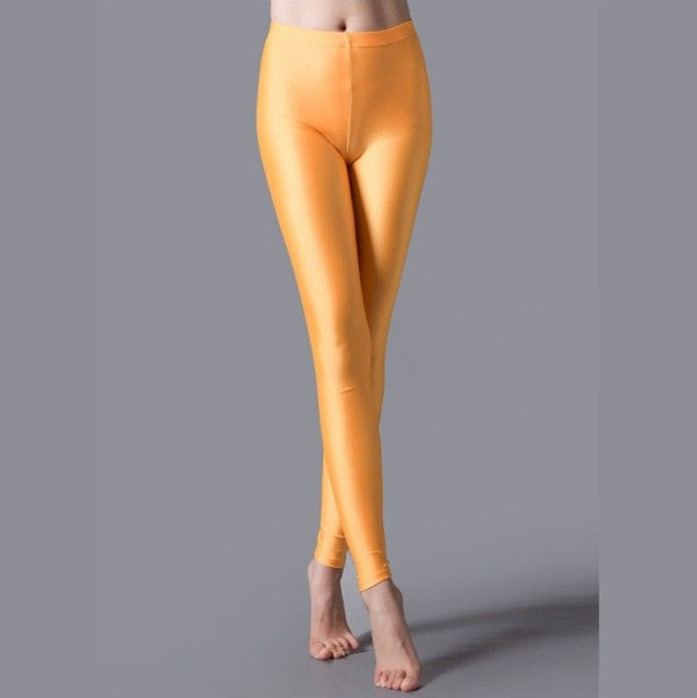 Women Shiny Gym Pants Fitness Leggings Candy Color Ankle Length Trousers Solid Fluorescent Spandex Elastic New Bottom