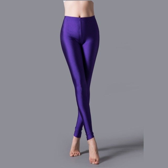 Women Shiny Gym Pants Fitness Leggings Candy Color Ankle Length Trousers Solid Fluorescent Spandex Elastic New Bottom