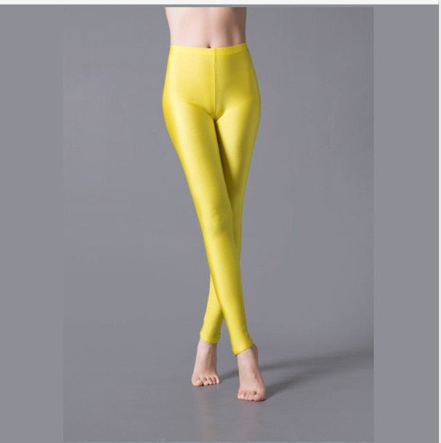 Women Shiny Gym Pants Fitness Leggings Candy Color Ankle Length Trousers Solid Fluorescent Spandex Elastic New Bottom