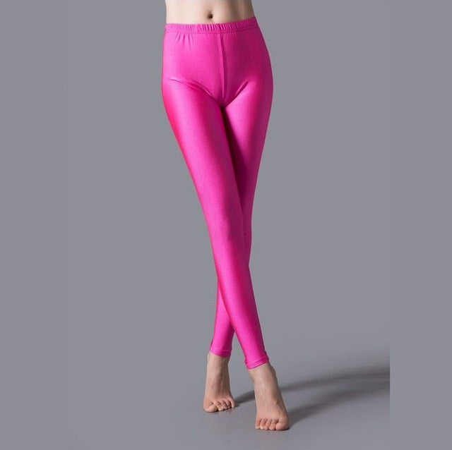 Women Shiny Gym Pants Fitness Leggings Candy Color Ankle Length Trousers Solid Fluorescent Spandex Elastic New Bottom