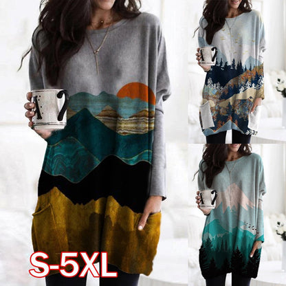 Women&#39;s Mountain Treetop Print Long Sleeve T-shirt Women Fashion SWEATShirts &amp; Tops  Casual Round Neck Loose Cotton Pullover