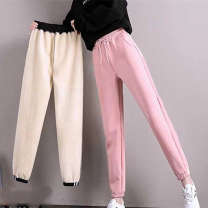 Winter Women Long Pants Thick Plush Fleece Warm Leggings Female Workout Drawstring Elastic Waist Lace-up Loose Sweatpants