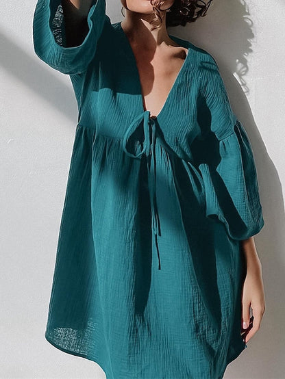 Women's Casual Dress Cotton Dress Swing Dress Mini Dress Cotton Fashion Modern Outdoor Daily Holiday V Neck Lace up Ruched 3/4 Length Sleeve Fall Winter Autumn  Loose Fit Light Green Blue Purple