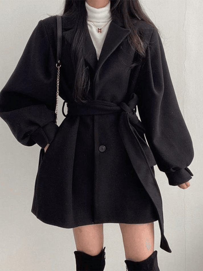 Puff Sleeve Belted Woolen Coat