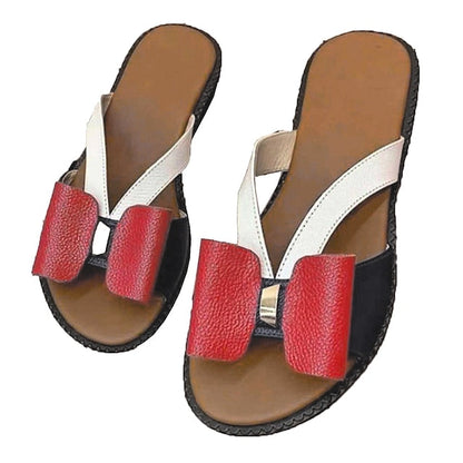 Women's Sandals Slippers Flat Sandals Outdoor Slippers Outdoor Daily Beach Summer Bowknot Flat Heel Open Toe Classic Casual Sweet Faux Leather Loafer Color Block Yellow Red Gold