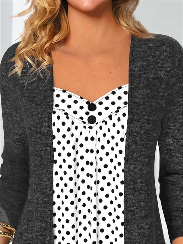 Women's Shirt Blouse Dark Gray Polka Dot Button Print Long Sleeve Casual Basic V Neck Regular Fit Spring &  Fall