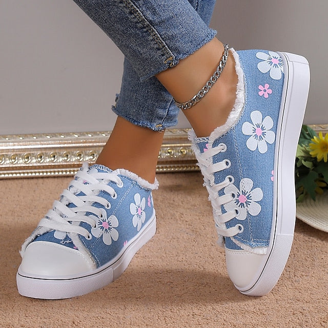 Women's Sneakers Plus Size Canvas Shoes Outdoor Daily Flat Heel Round Toe Sporty Casual Walking Shoes Canvas Lace-up Floral Dark Grey White Yellow