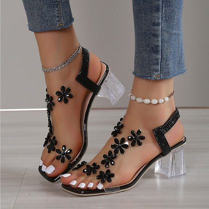 Women's Sandals Block Heel Sandals Clear Shoes Daily Beach Summer Flower Block Heel Chunky Heel Open Toe Sexy Classic Casual Faux Leather Patent Leather Loafer Elastic Band Floral Black / White Black