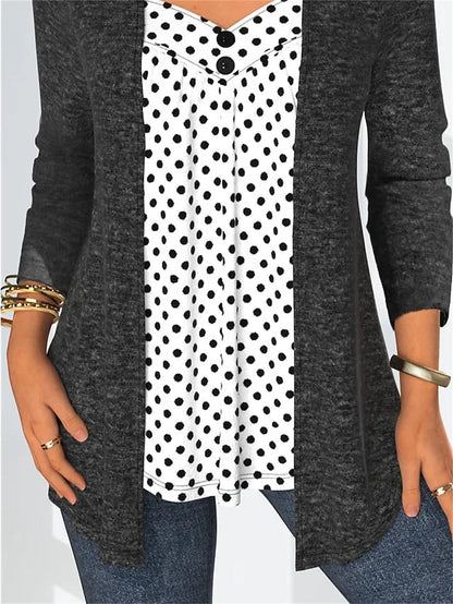 Women's Shirt Blouse Dark Gray Polka Dot Button Print Long Sleeve Casual Basic V Neck Regular Fit Spring &  Fall