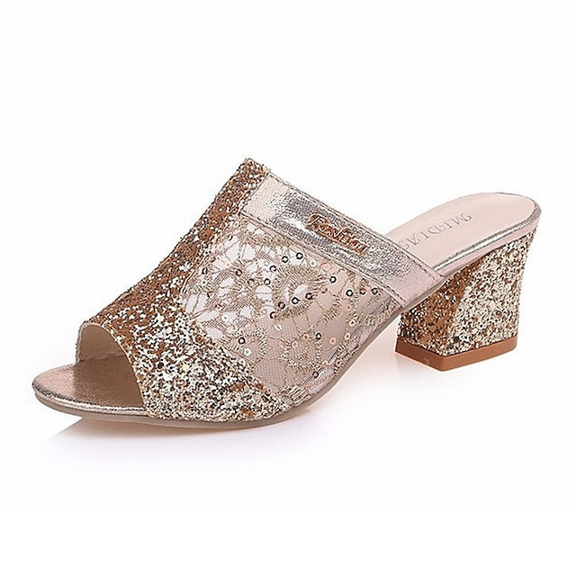 Women's Mules Heeled Mules Sparkly Sandals Party Daily Beach Summer Sequin Chunky Heel Open Toe Elegant Sexy Casual Lace Faux Leather Loafer Solid Color Solid Colored Black Silver Gold