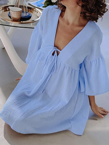 Women's Casual Dress Cotton Dress Swing Dress Mini Dress Cotton Fashion Modern Outdoor Daily Holiday V Neck Lace up Ruched 3/4 Length Sleeve Fall Winter Autumn  Loose Fit Light Green Blue Purple