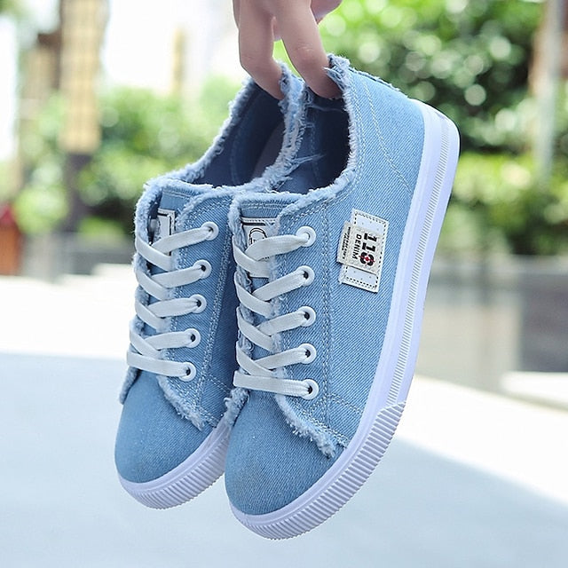 Women's Sneakers Canvas Shoes White Shoes Outdoor Office Work Summer Flat Heel Round Toe Classic Casual Preppy Walking Shoes Canvas Lace-up Solid Colored Black White Blue