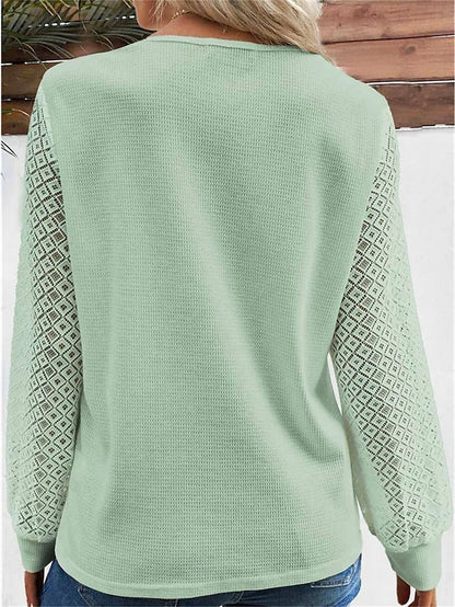 Women's Shirt Blouse Green Plain Lace Button Long Sleeve Casual Basic Round Neck Regular Fit Spring &  Fall