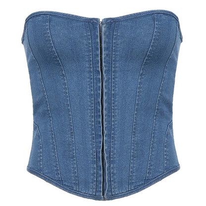 Neck Hook and Eye Lace Up Back Denim Tube Top - Blue