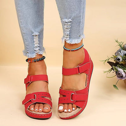 Women's Sandals Wedge Sandals Comfort Shoes Outdoor Daily Walking Summer Buckle Wedge Heel Open Toe Classic Casual PU Leather Polyester Ankle Strap Solid Color Black Red Orange