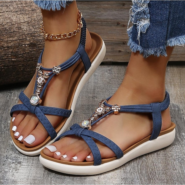 Women's Sandals Boho Bohemia Beach Braided Sandals Outdoor Daily Beach Shoes And Bags Matching Sets Summer Hollow Out Beading Flat Heel Open Toe Casual Minimalism Faux Leather Elastic Band Solid Color