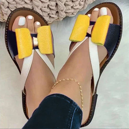 Women's Sandals Slippers Flat Sandals Outdoor Slippers Outdoor Daily Beach Summer Bowknot Flat Heel Open Toe Classic Casual Sweet Faux Leather Loafer Color Block Yellow Red Gold