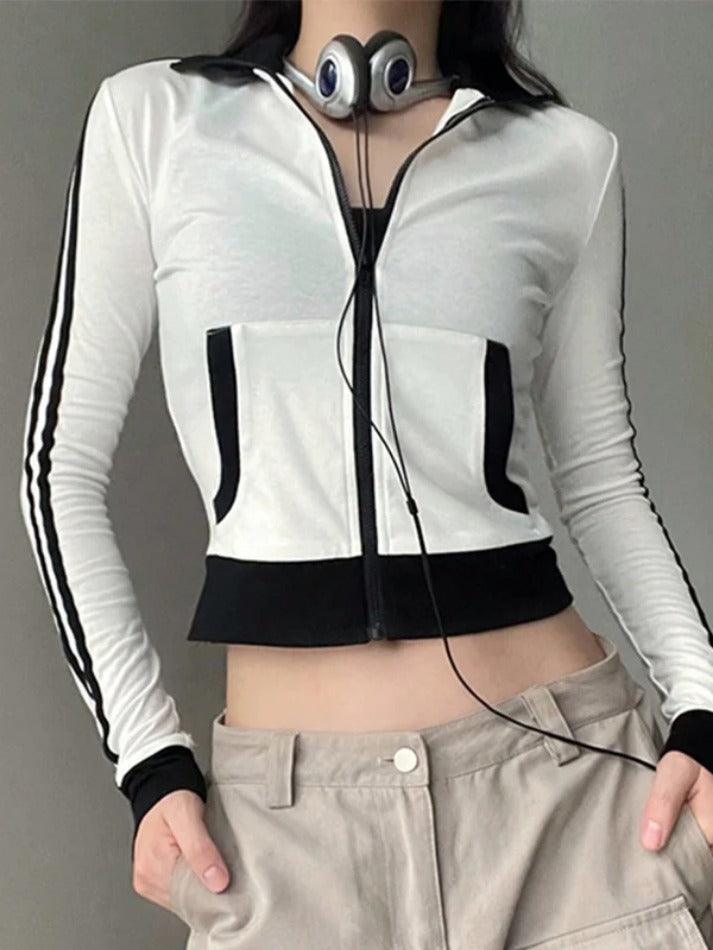 Sporty Contrast Color Collar Neck Thin Jacket