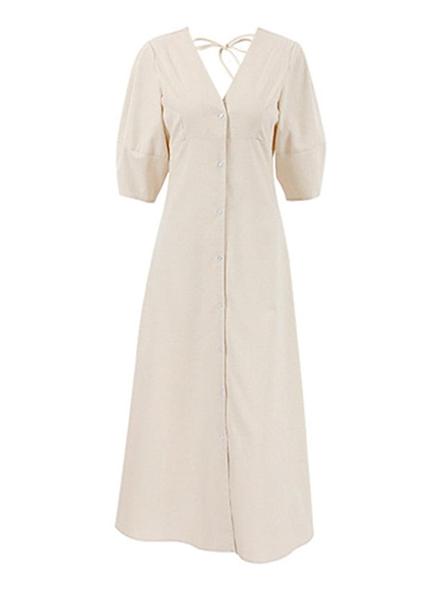 Women's Shirt Dress Casual Dress Cotton Dress Maxi long Dress Cotton Fashion Classic Outdoor Daily Vacation V Neck Backless Button 3/4 Length Sleeve Fall Winter Autumn  Regular Fit Apricot Plain