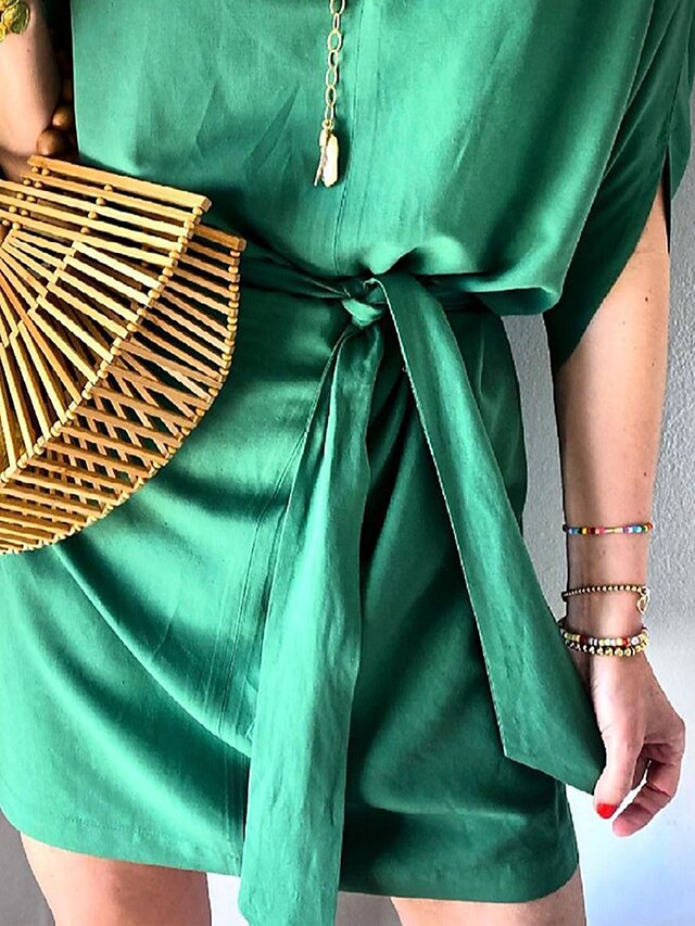 Women's Casual Dress Loose Dress Mini Dress Polyester Fashion Daily Outdoor Daily Vacation V Neck Lace up Half Sleeve Fall Autumn  Loose Fit Green Plain S M L XL