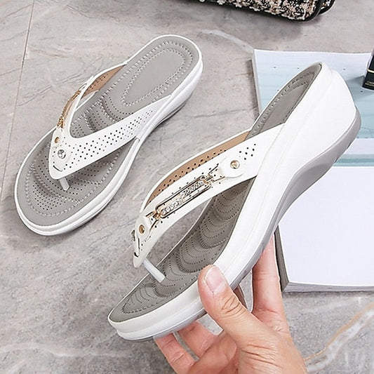 Women's Slippers Flip-Flops Outdoor Slippers Beach Slippers Daily Beach Summer Rhinestone Wedge Heel Round Toe Basic Casual Minimalism Faux Leather Loafer Color Block Almond Black White