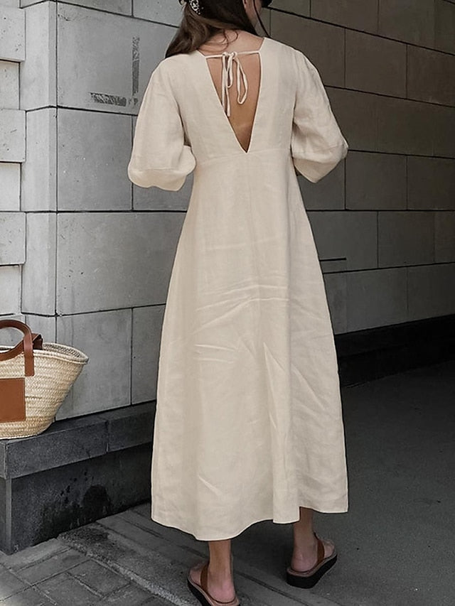 Women's Shirt Dress Casual Dress Cotton Dress Maxi long Dress Cotton Fashion Classic Outdoor Daily Vacation V Neck Backless Button 3/4 Length Sleeve Fall Winter Autumn  Regular Fit Apricot Plain