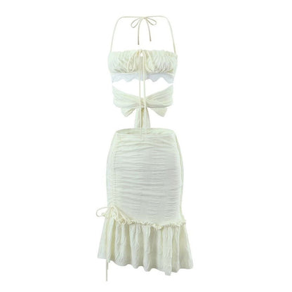 Versatile Ruched Ruffle Halter Top Drawstring Mini Skirt Matching Set - Beige