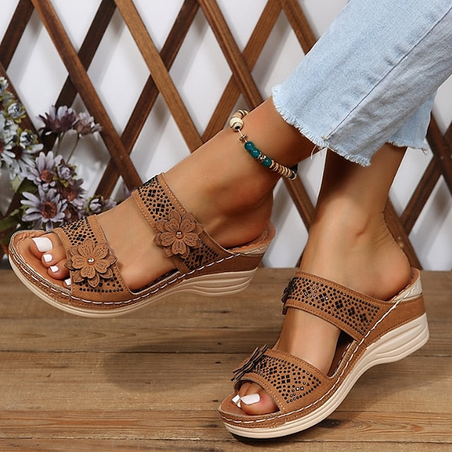 Women's Sandals Boho Bohemia Beach Wedge Sandals Comfort Shoes Outdoor Daily Beach Summer Flower Wedge Heel Round Toe Open Toe Casual Minimalism Walking Shoes PU Leather Faux Leather Loafer Solid