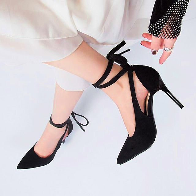 Women's Heels Strappy Heels Party Outdoor Office Summer Lace-up Pumps Pointed Toe Elegant Casual Sexy Walking Shoes Synthetics Lace-up Solid Colored Black