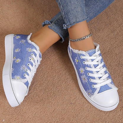 Women's Sneakers Plus Size Canvas Shoes Outdoor Daily Flat Heel Round Toe Sporty Casual Walking Shoes Canvas Lace-up Floral Dark Grey White Yellow