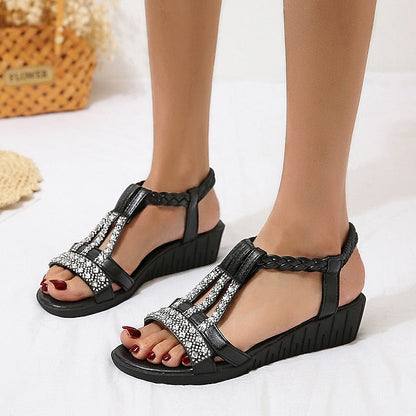 Women's Sandals Boho Bohemia Beach Wedge Sandals Party Daily Beach Summer Sparkling Glitter Wedge Heel Elegant Casual Sweet PU Leather Polyester Elastic Band Color Block Silver Dark Brown Black