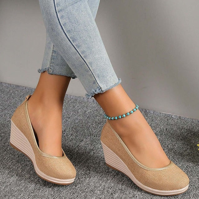 Women's Heels Wedge Heels Espadrilles Comfort Shoes Outdoor Daily Summer Wedge Heel Round Toe Elegant Casual Comfort Canvas Loafer Solid Color White flat Black flat Black