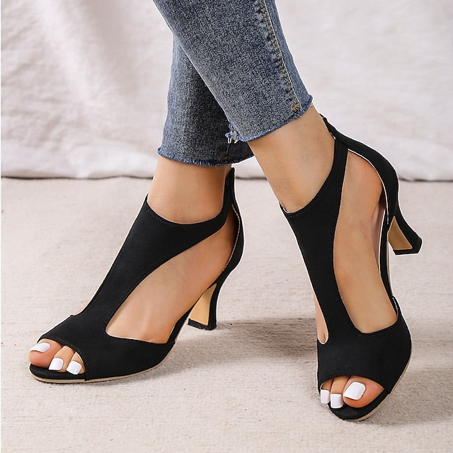 Women's Sandals Plus Size Outdoor Daily Beach Summer Zipper High Heel Kitten Heel Peep Toe Casual Minimalism Satin Zipper Solid Color Leopard Zebra Black