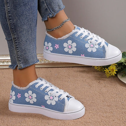 Women's Sneakers Plus Size Canvas Shoes Outdoor Daily Flat Heel Round Toe Sporty Casual Walking Shoes Canvas Lace-up Floral Dark Grey White Yellow