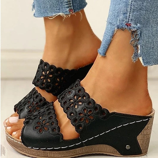 Women's Sandals Slippers Wedge Sandals Plus Size Outdoor Slippers Outdoor Daily Beach Summer Cut Out Platform Wedge Heel Open Toe Vintage Casual Minimalism Faux Leather Loafer Solid Color Black White