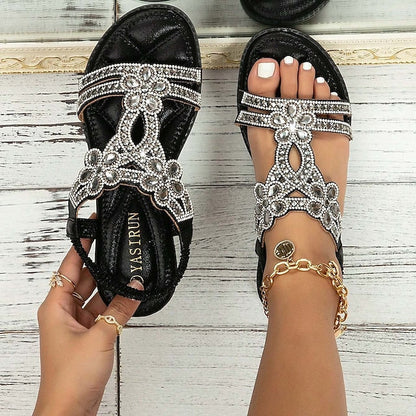 Women's Sandals Flat Sandals Outdoor Beach Summer Rhinestone Flat Heel Elegant Casual Minimalism Microfiber Elastic Band Silver Black White