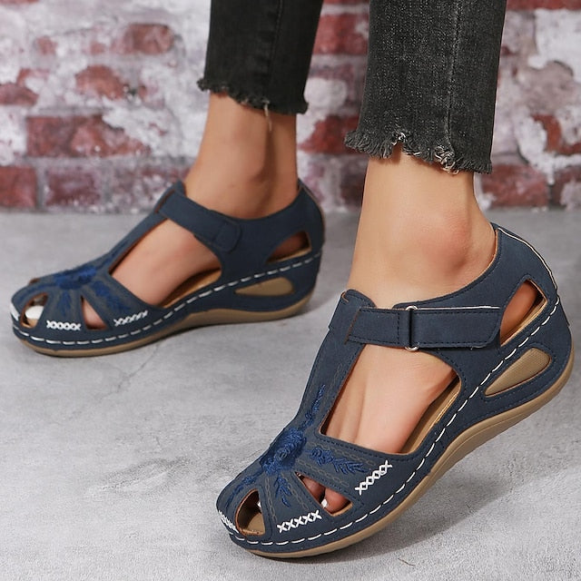 Women's Sandals Wedge Sandals Platform Sandals Outdoor Daily Beach Summer Embroidery Wedge Heel Round Toe Elegant Casual Minimalism Faux Leather Magic Tape Solid Color Black Blue Purple