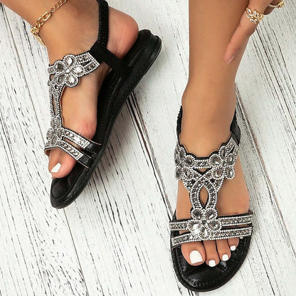 Women's Sandals Flat Sandals Outdoor Beach Summer Rhinestone Flat Heel Elegant Casual Minimalism Microfiber Elastic Band Silver Black White