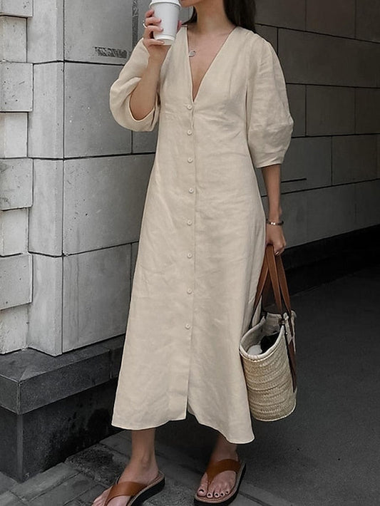 Women's Shirt Dress Casual Dress Cotton Dress Maxi long Dress Cotton Fashion Classic Outdoor Daily Vacation V Neck Backless Button 3/4 Length Sleeve Fall Winter Autumn  Regular Fit Apricot Plain