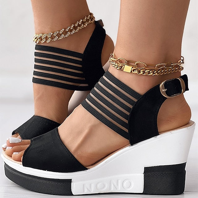 Women's Sandals Comfort Shoes Daily Wedge Heel Open Toe Fashion Casual Satin Ankle Strap Solid Color Black Brown khaki